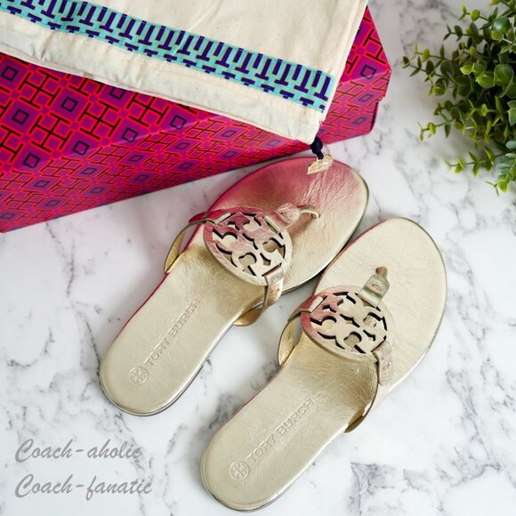 NIB Tory Burch Miller Metallic Wrinkled Leather Sandals in Spark Gold Size 7.5/8 - Picture 1 of 8